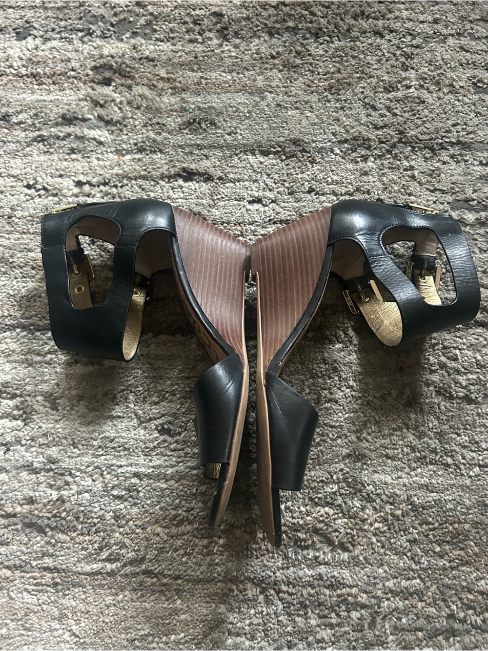 Sam Edelman Black Open-Toe Ankle-Strap Heels with Gold Buckles - Picture 5 of 6